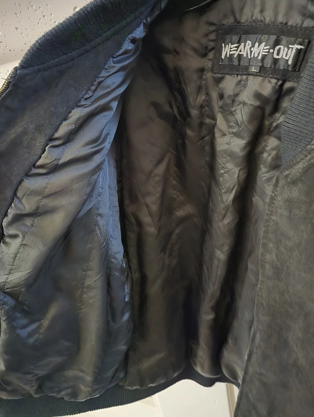 Men's Black Suede Bomber Jacket Wear Me Out Side Large